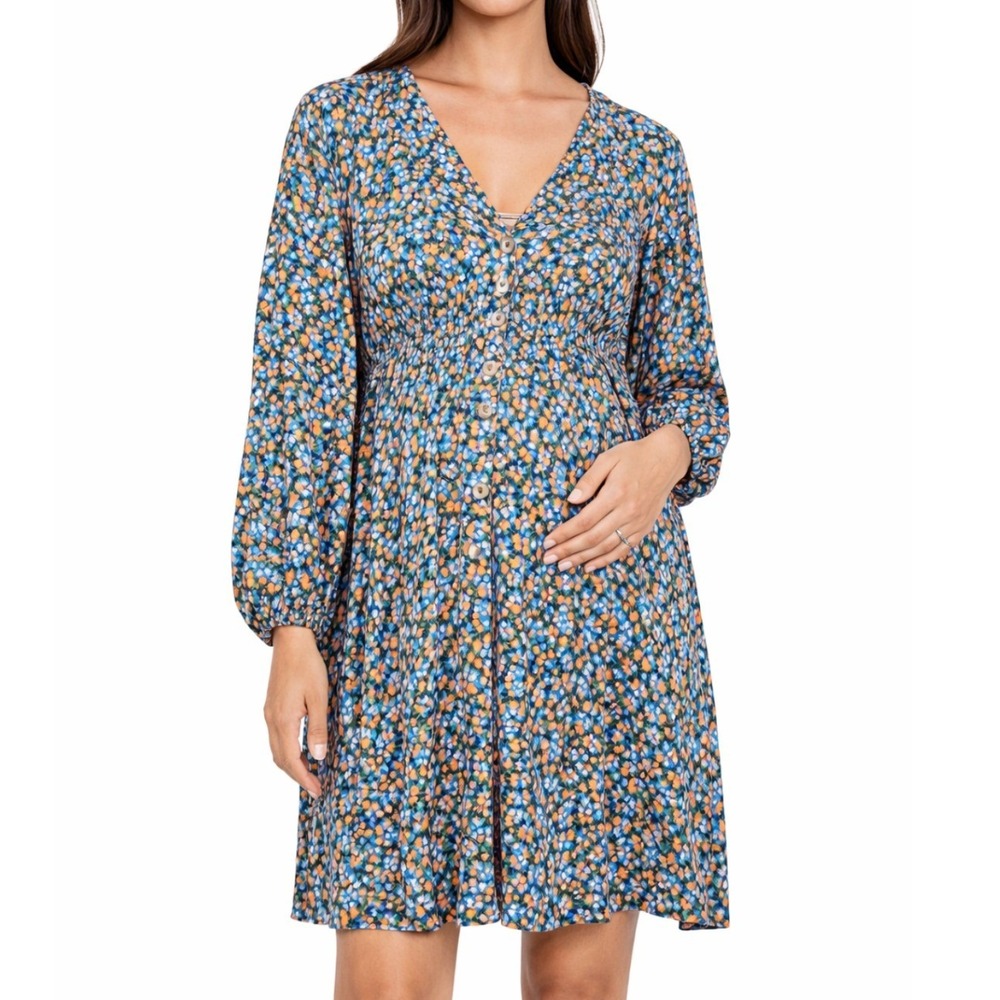 ASOS Design Maternity‎ Floral Mini Dress Blue Orange Button Front Size US 4